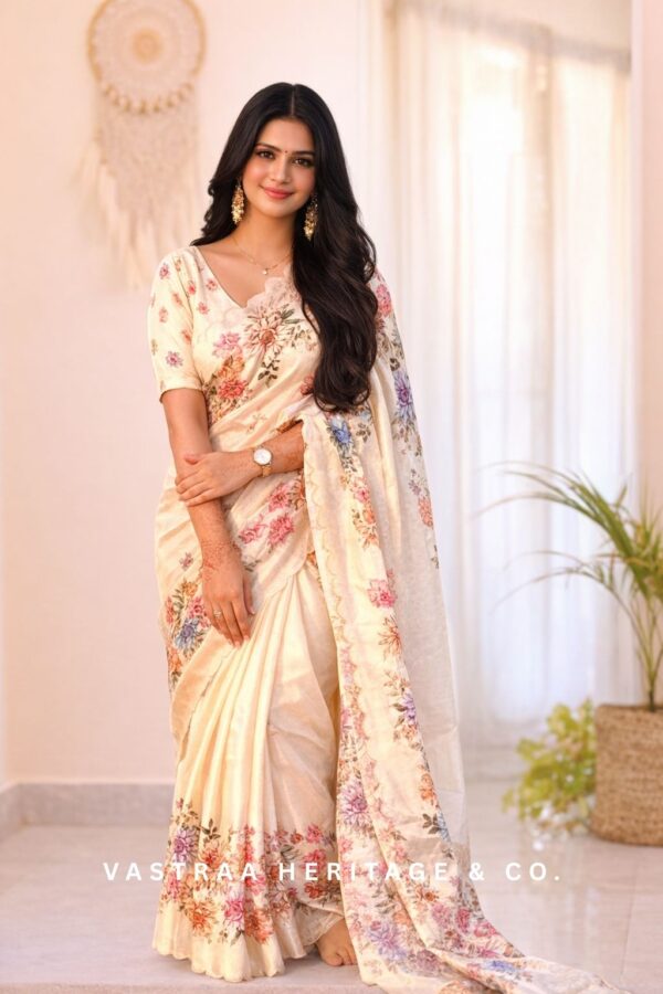 Heavy Handloom Tussar Silk Floral Digital Print Saree With Arco Border (White)