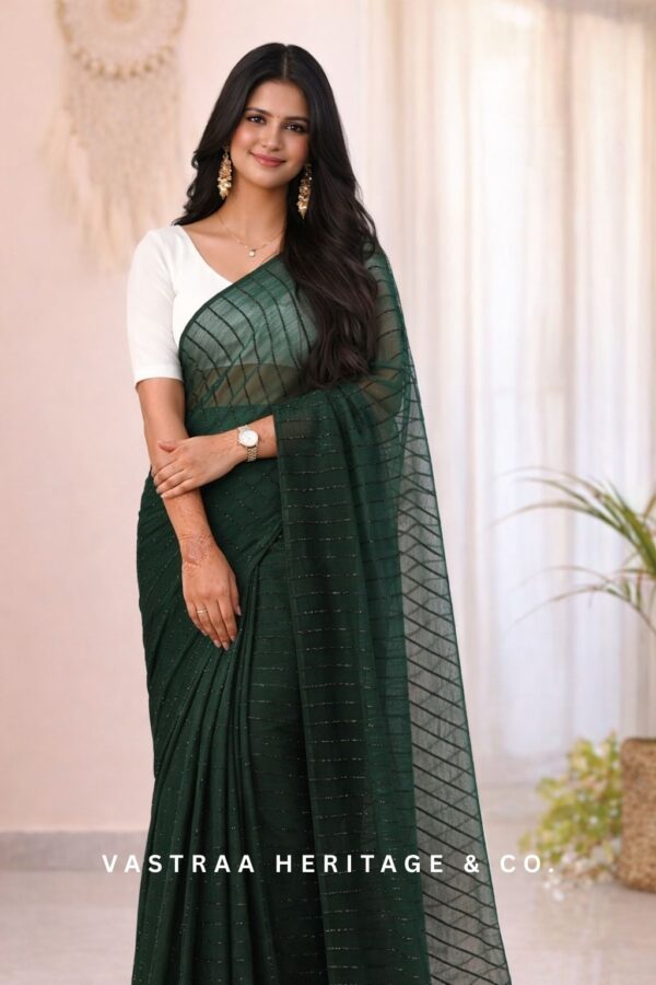 Ready To Wear Chiffon Zari Linen Saree (Deep Green)