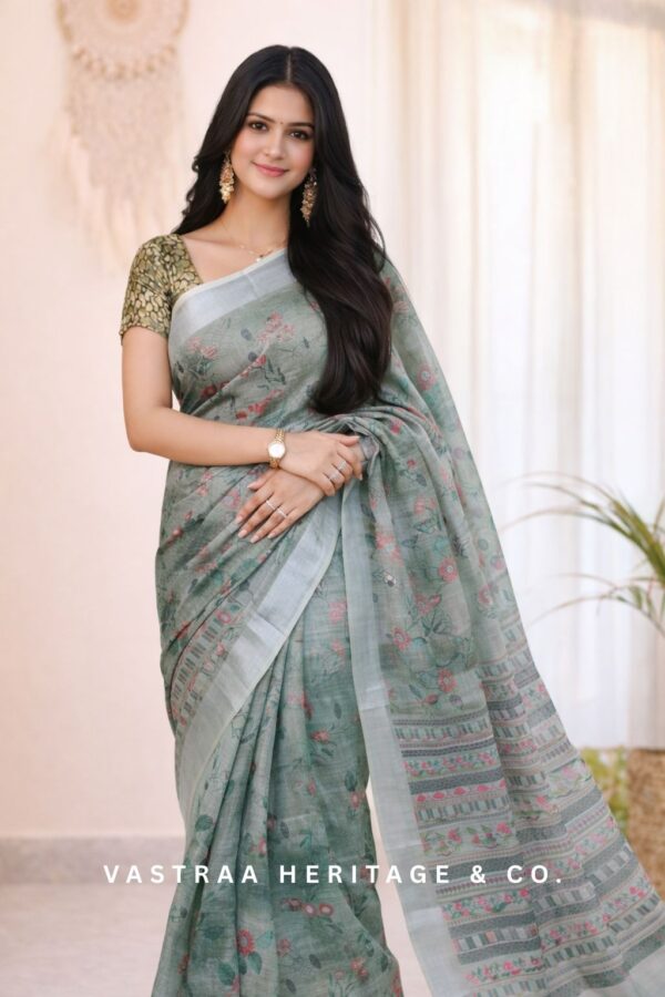 Digital Print Cotton Silk Saree (Light Green)