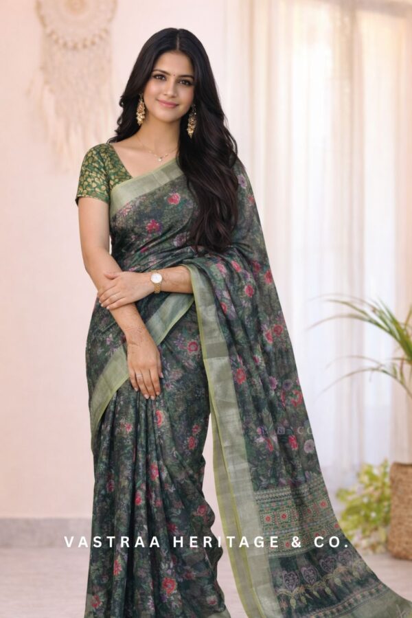 Digital Print Cotton Silk Saree (Deep Green)