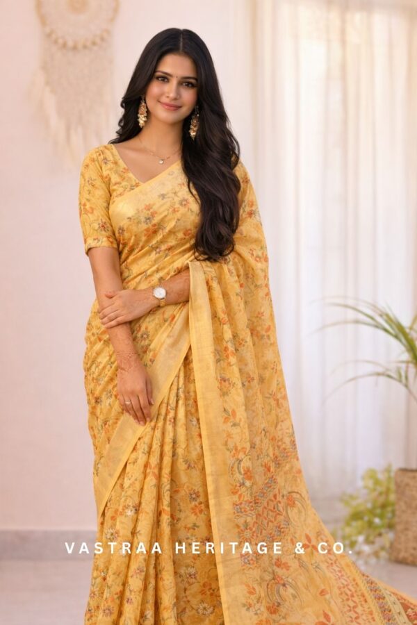 Digital Print Cotton Silk Saree (Yellow)